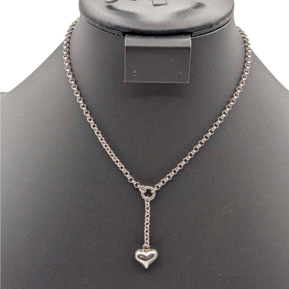 925 Sterling Silver Y Drop Heart Dangle Rolo Link 15.5" Chain Necklace
